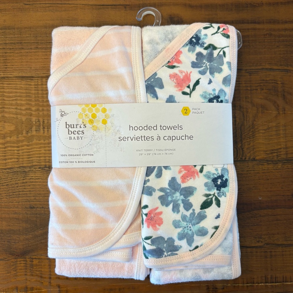 Burt’s Bees Floral & Striped Organic Knit Terry Towels Set of 2 NWT